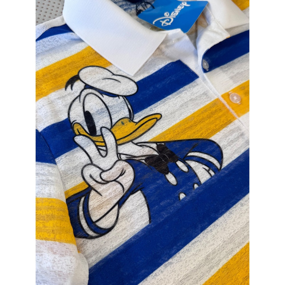 Disney Donald Duck Striped Polo Shirt Blue Yellow White Burnout NWT 1995 Vintage